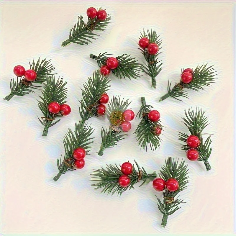 20 pieces of artificial Christmas pine branches with realistic red berries, plastic holiday flowers, DIY wreath accessories view 2