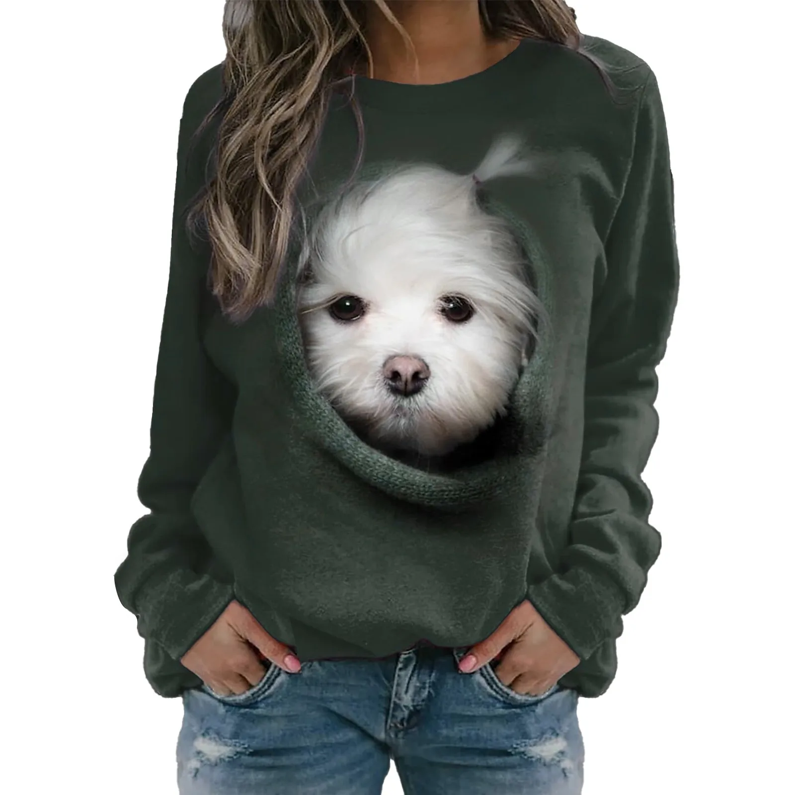 

3d Dog Print Animal Hoodies Women O-Neck Sweatshirt Autumn Winter Casual Streetwear Loose New Fleece-Lined Pullover Sudaderas