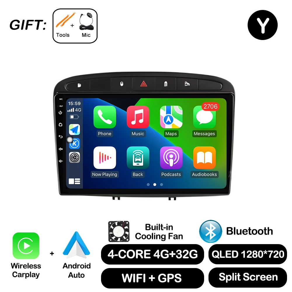 Android Auto voor Peugeot 308 SW 2007-2015 408 2012-2020 Draadloze Carplay Autoradio Multimedia Speler WiFi GPS Navigatie