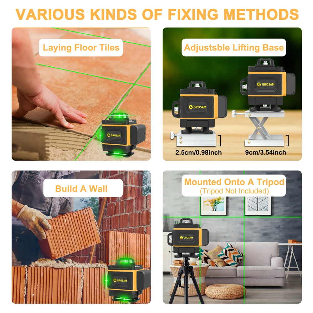 GROSAM 16 Lines 4D Green Laser Levels 360 Horizontal And Vertical Cross Lines With Auto Self-Leveling Indoors And Outdoors