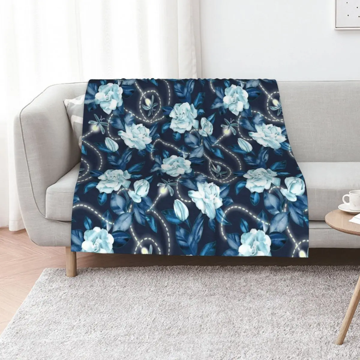 Midnight Sparkles - Gardenias and Fireflies in Sapphire Blue Throw Blanket Single Luxury Designer bed plaid Polar Blankets