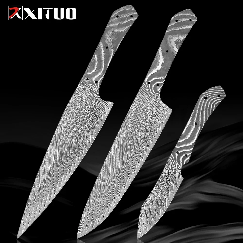 

Damascus Steel Full Tang Blade Slicing Knife Chef Knife Fruit Knife Blade Handmade DIY Material Heat-treated sharp edges Blade