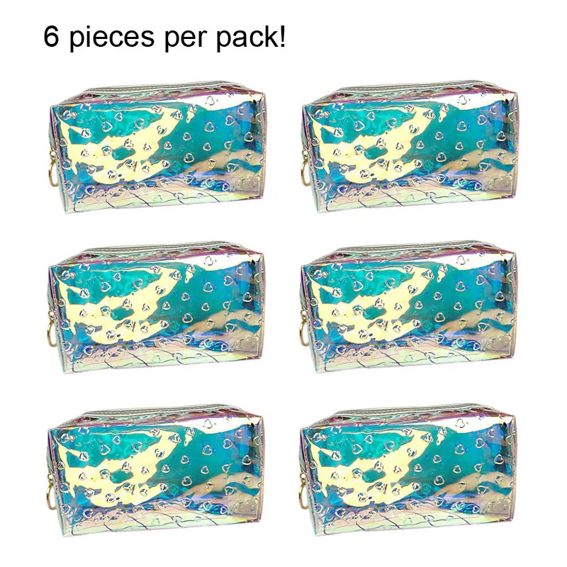 6 pcs/pack Iridescent TPU phantom colorful makeup cosmetic bag storage heart star pattern embossing toiletry large compacity