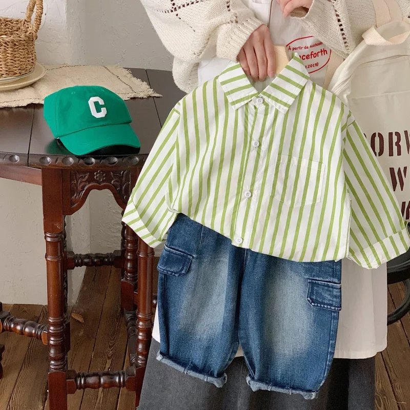 

Children's shirt2024Spring New Western Style Boys' Coat Children's Clothing Vertical Stripe Bear Shirt G0024-WS