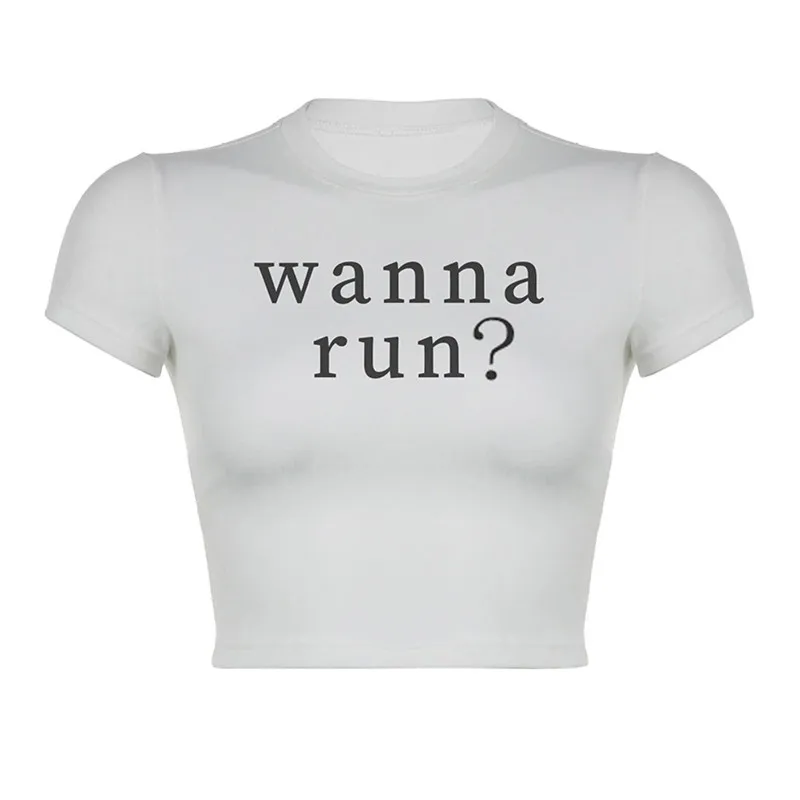 เสื้อยืดคอกลมพิมพ์ลายตัวอักษรสีขาว แฟชั่นฤดูร้อน เซ็กซี่ สไตล์สาวเปรี้ยว เสื้อครอปวินเทจ ทรงเข้ารูป แขนสั้น คอกลม สำหรับผู้หญิง