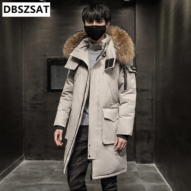 XKK 2025 Fashion Winter Coats Men Fur Collar Thicken Long Down Jacket Men Hooded Warm Loose Parkas White Duck Down Winter Coat