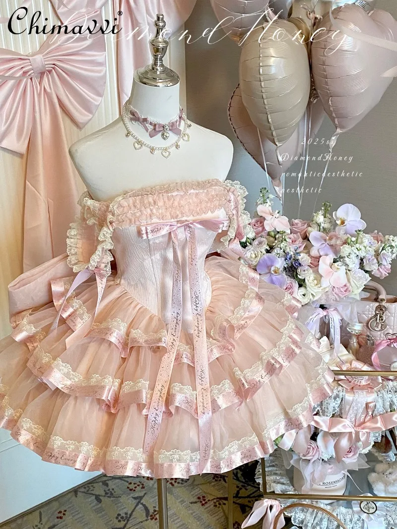 

Princess Ribbon Cute Sweet Pink Black Dress Romantic Girl Sexy Strapless Slim Fit Elegant Lolita Birthday Party Dresses Women