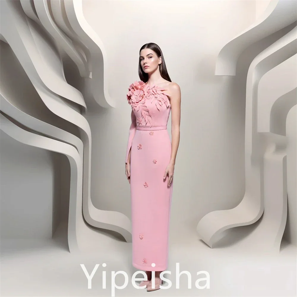 Customized Yipeisha Elegant Fashion One-shoulder Evening  Flower Satin Anke Length Custom