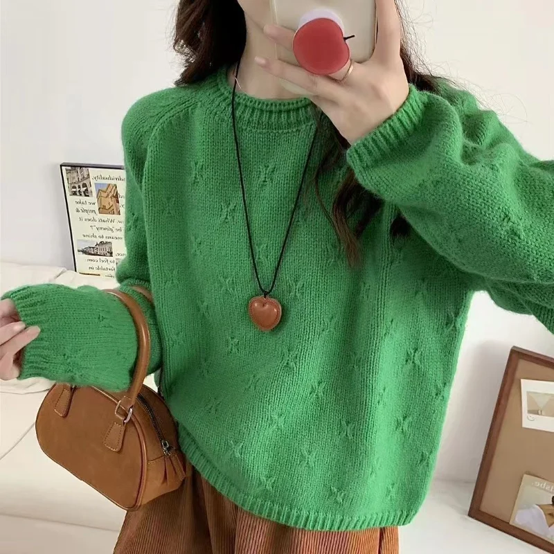 Jersey de cuello redondo con gancho tridimensional que combina con todo, suéter para mujer, ropa de primavera, nuevo suéter de punto suelto, Top