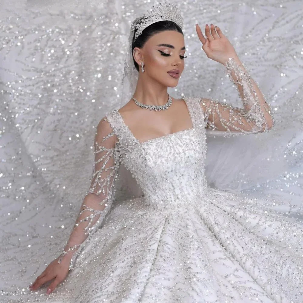 Gorgeous Square Neck Long Sleeve Wedding Dress Sequined Beads Pearls Bride Robe Elegant Ball Gown Bridal Gown Robe De Mariée