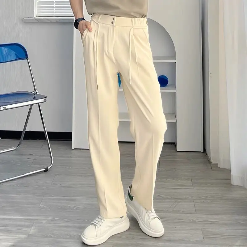 Spring Autumn Solid Color Fashion Elastic Waist Straight Pants Man High Street Zipper Button Pockets Harajuku Thin Suit Trousers