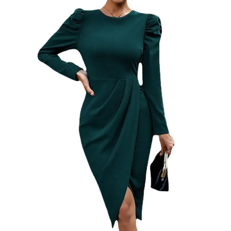 فستان برقبة دائرية وخصر أنيق وفتحة غير منتظمة #4