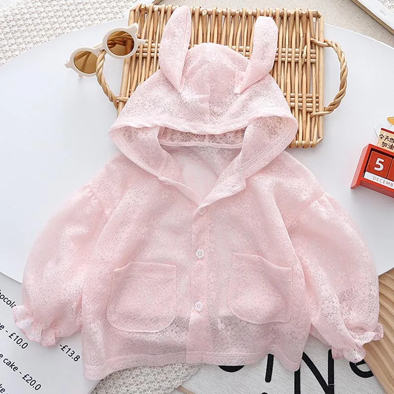 Girls' Hooded Sunscreen Clothes Summer Children's Lightweight Breathable Air Conditioning Clothes Girl Cute Rabbit Ear Thin Coat