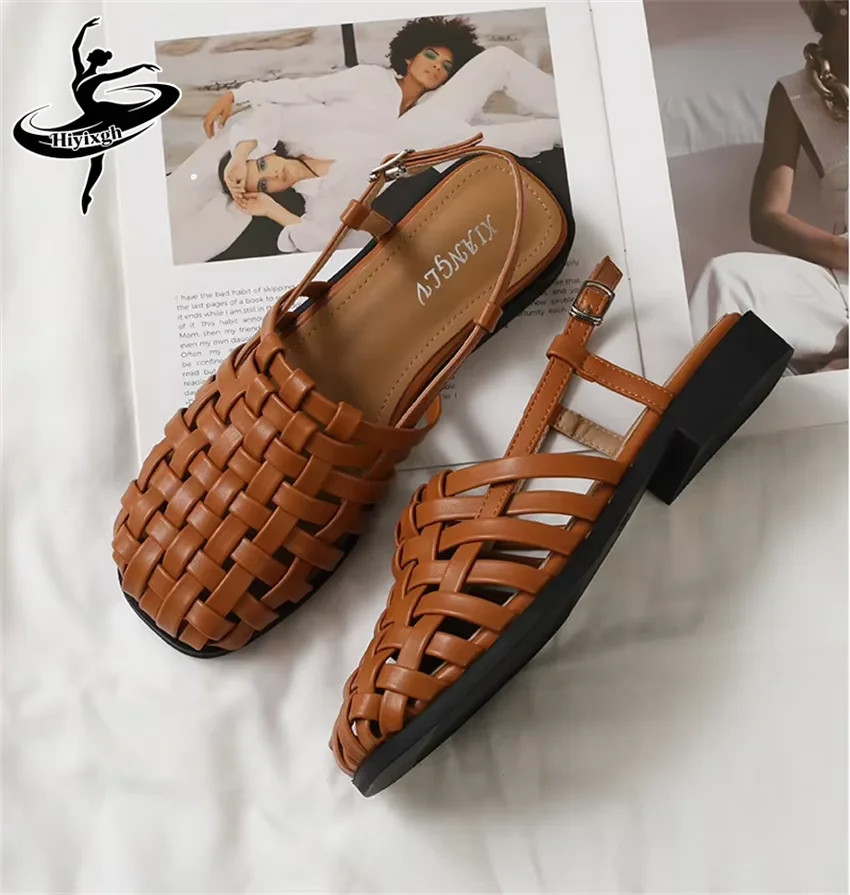 Women Plus Size Casual Woven Flat Roman Sandals Back Strap Open Toe Breathable Summer Walking Beach Holiday Vintage Sandal