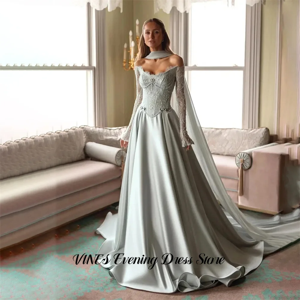 

VINES Light Blue Bridal Gown Lace Sleeves Formal Dress with Pearls Evening Dress Off Shoulder Party Dresses for Women Customized