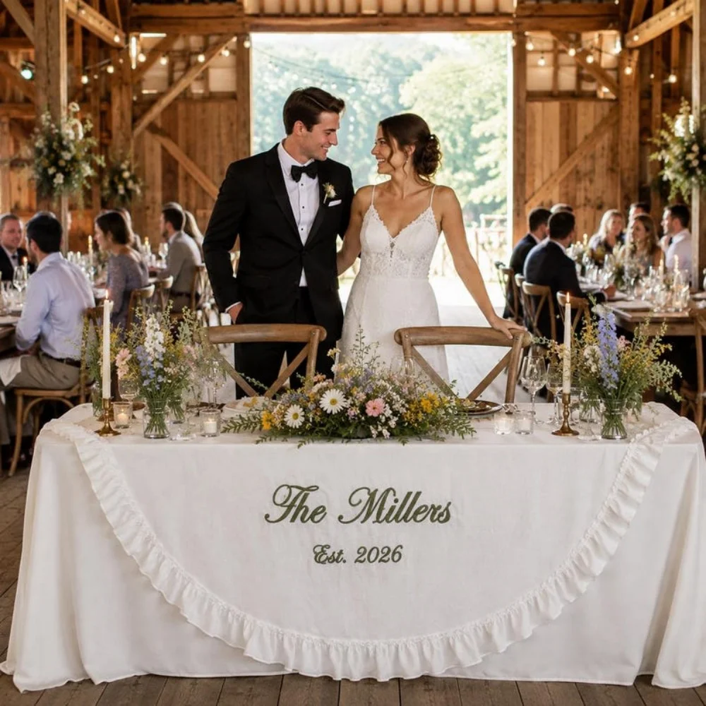 1Pc Personalized Custom Text Satin Wedding Tablecloth Ruffle Round Table Cover for Bride Groom Reception Sweetheart Table Decor