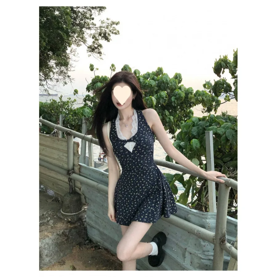 

【New style】French pure desire sleeveless fake two-piece lace splicing floral dress children's design waist short skirt summer