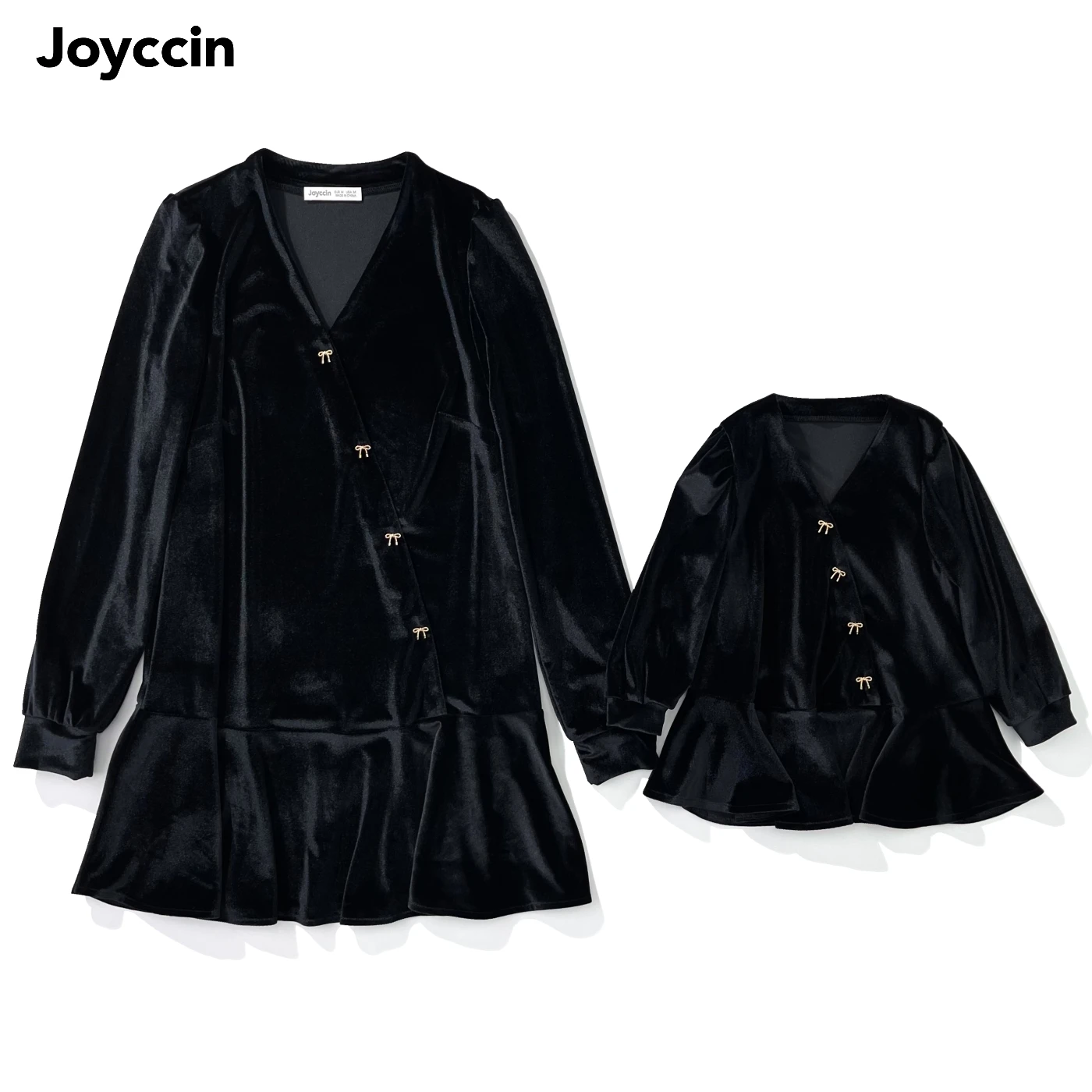 Joyccin Mother Kids Black Velvet Christmas Dress Mom Daughter Girls Long Sleeve Buttons V-Neck Ruffle Hem Elegant Dress