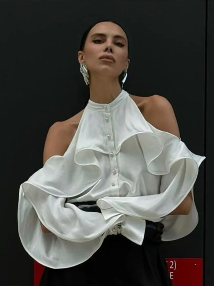

New Summer Elegant Women Off Shoulder Long Sleeve Shirt, Vintage Office Lady Ruffle Trim Halter Blouse Tops, Luxury Women Shirts