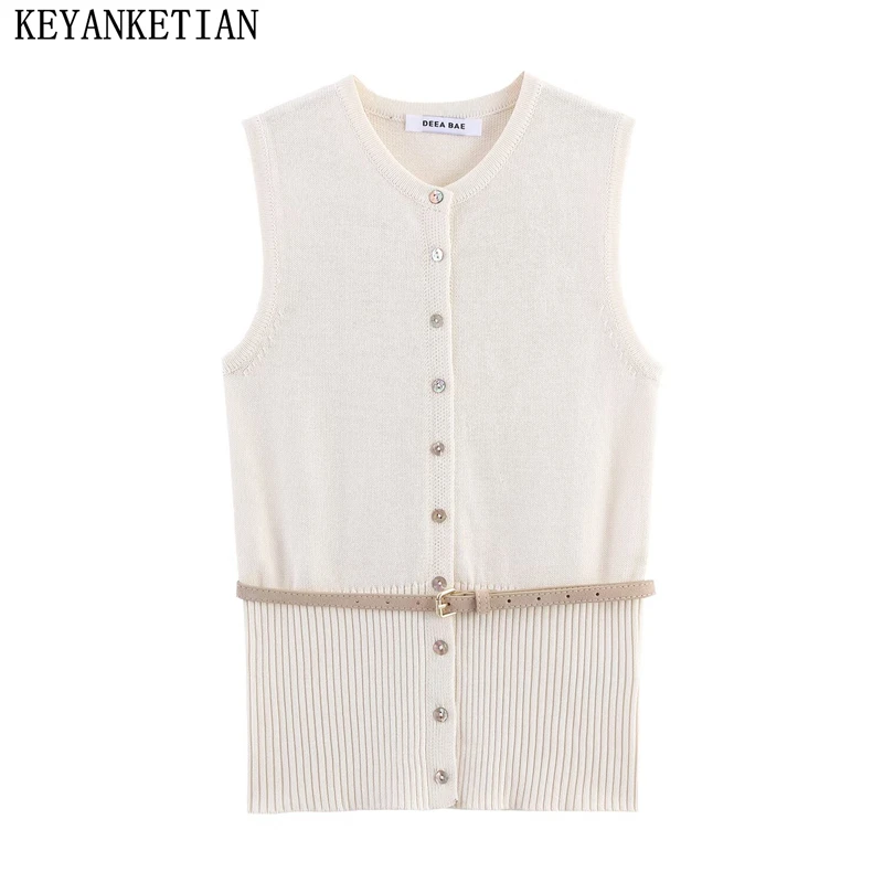 

KEYANKETIAN осенний новый женский однобортный вязаный жилет без рукавов с круглым вырезом и поясом, женский свитер, жилет