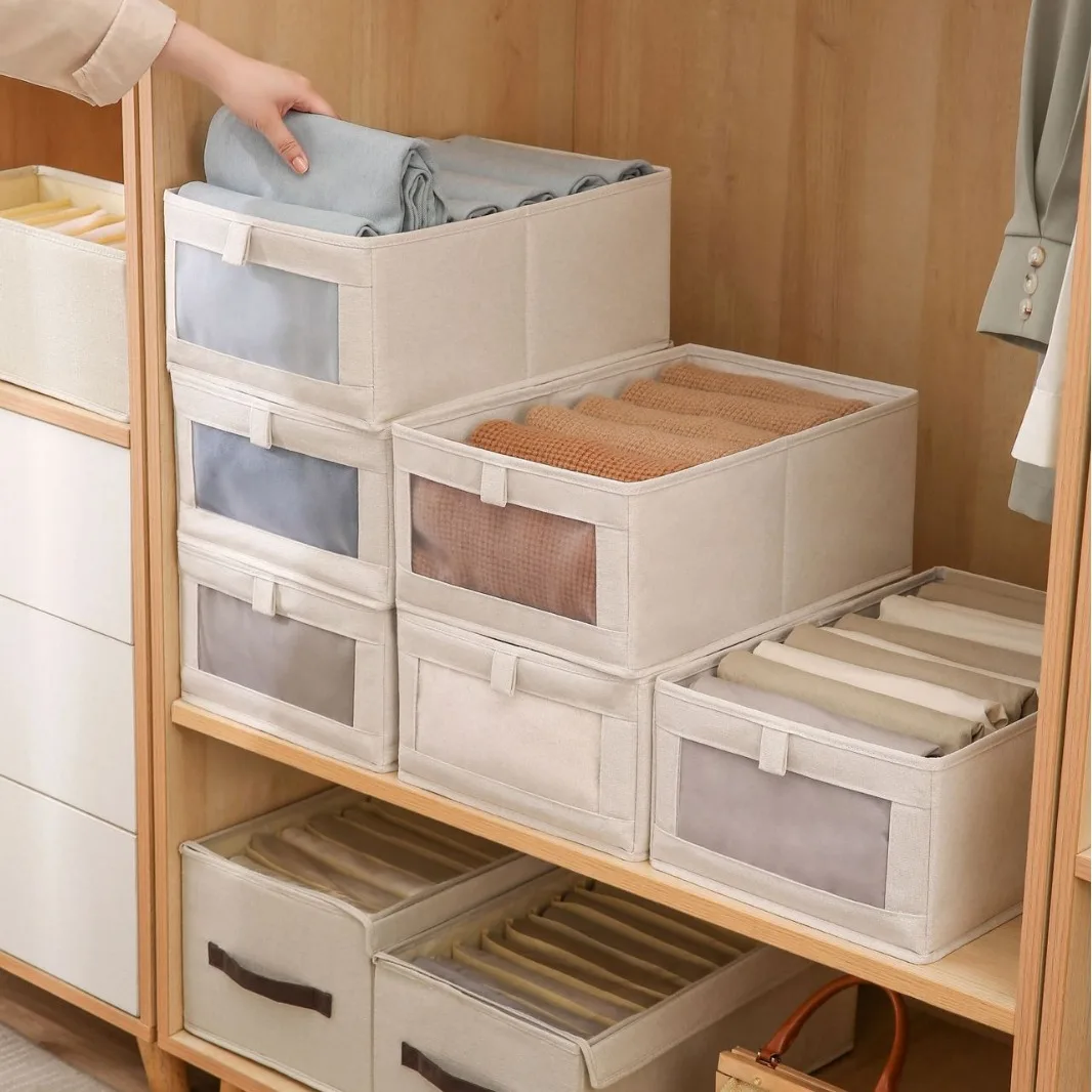 Japanese Style Foldable Fabric Storage Box Large Size with Clear Mesh Window Lidless Closet Organizer for Home Wardrobe