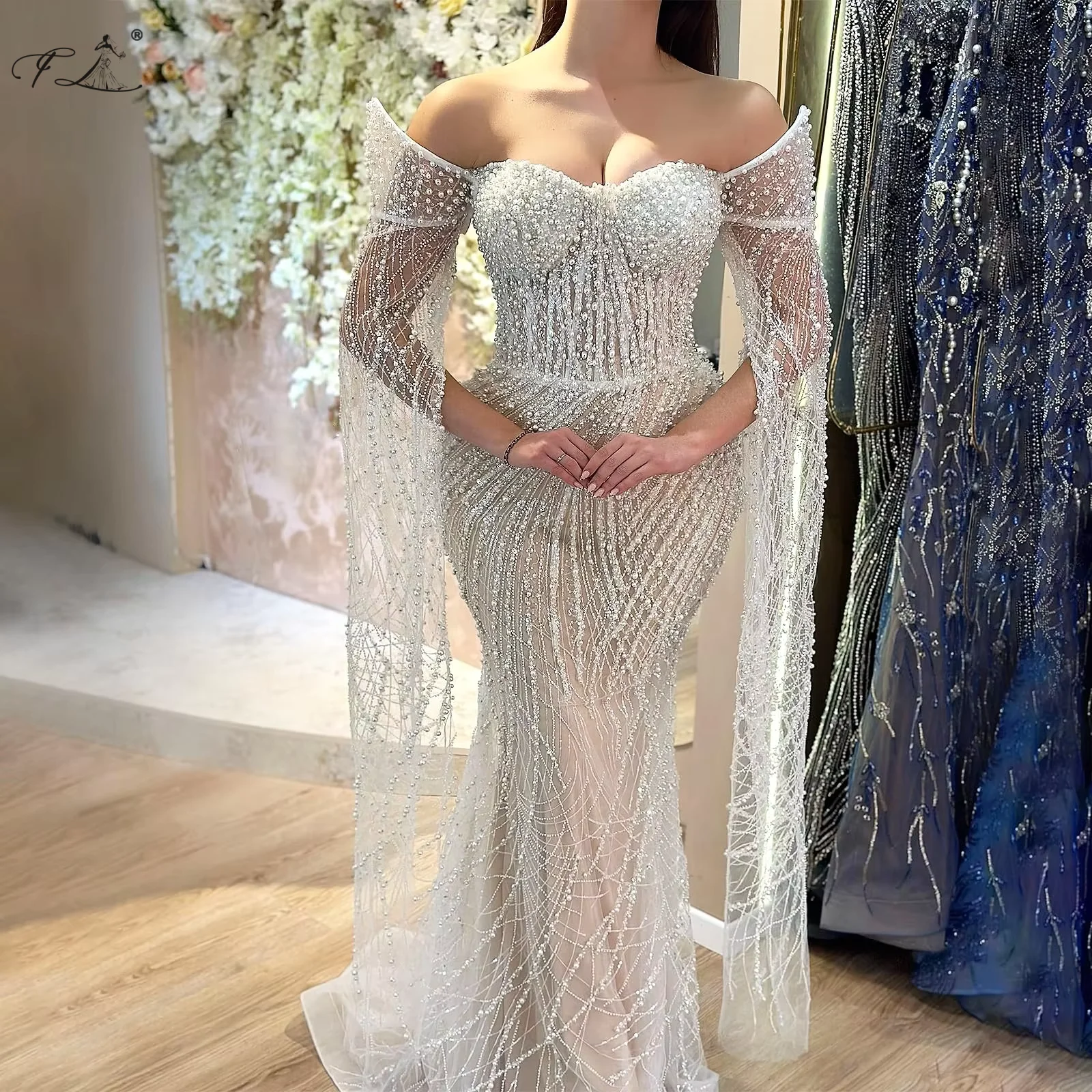 

2025 Pearl Evening Gown With One-Shoulder Sleeves and Shawl Collar Elegant Women's Evening Dress Luxurious Fitted Long Ball Gown