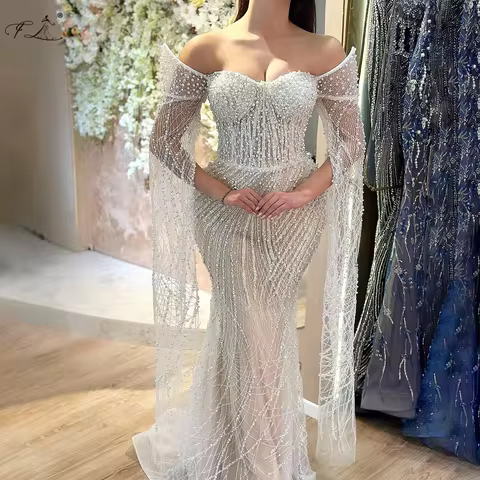 2025 Pearl Evening Gown With One-Shoulder Sleeves and Shawl Collar Elegant Women's Evening Dress Luxurious Fitted Long Ball Gown
