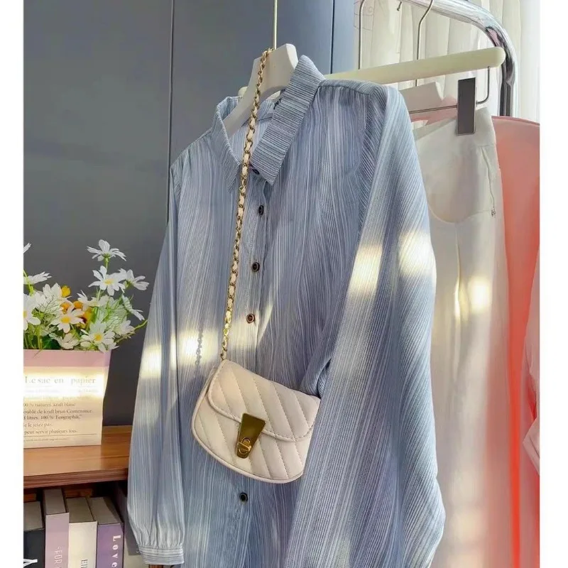 

Spring Summer Korean Style Temperament Vertical Striped Lapel Shirt Women's Long-sleeved Loose Cardigan Loose POIO Anti-sand