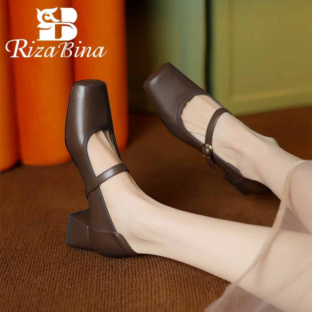 

RIZABINA Women Casual Mary Jean Shoes Real Leather Fashion Square Toe Thick Heel Shoes Ladies Buckle Strap Shallow Mouth Flats