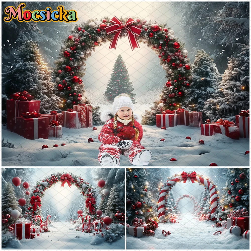 

Mocsicka Christmas Backdrop Photography Xmas Tree Snow Lollipop Gifts Decoration Children Family Holiday Party Background Banner