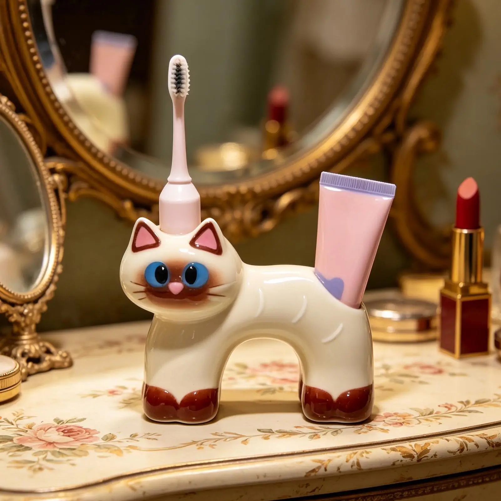 Toothbrush Stand Cat-Shape Ceramic Cute Double Hole Stand Toothbrush And Toothpaste Holder For Bathroom Countertop Vanity Sink