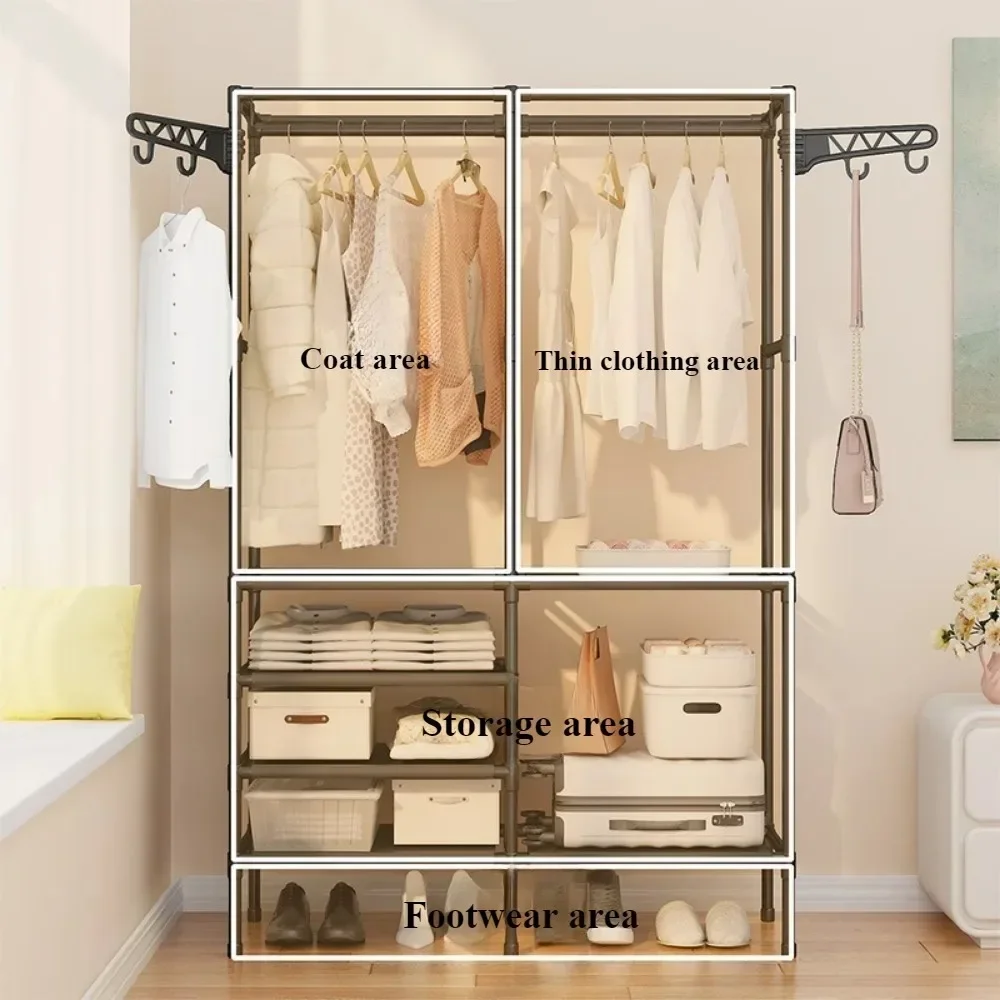 Double-Row Coat Rack Floor For Clothes And Shoes Household Storage Shelf Clothes Hanger Simple Assembly Large Wardrobe Hangers