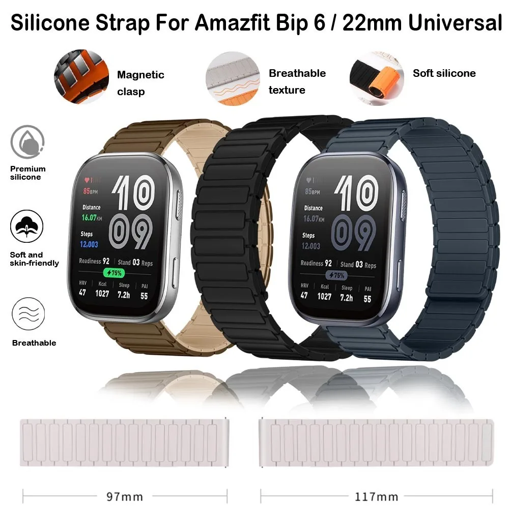 

Ремешок для часов 22 мм для Amazfit Bip 6/Helio, силиконовый магнитный дышащий спортивный браслет для Amazfit Bip 6, аксессуары