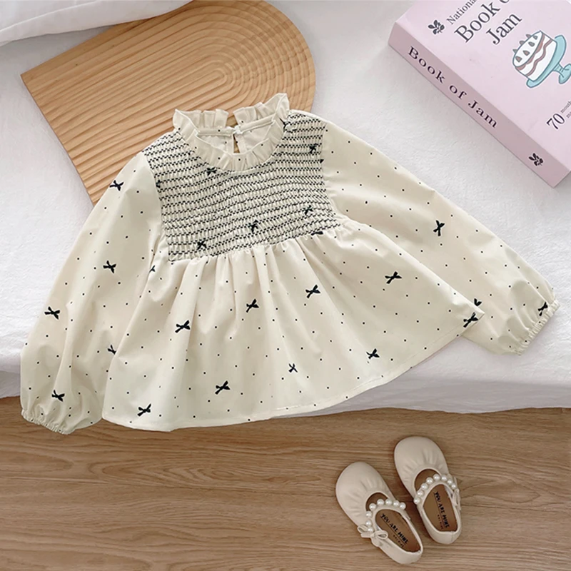 Girls Ruffle Collar Smocked Blouse Polka Dot Bow Puff Long Sleeve Cotton Casual Tops