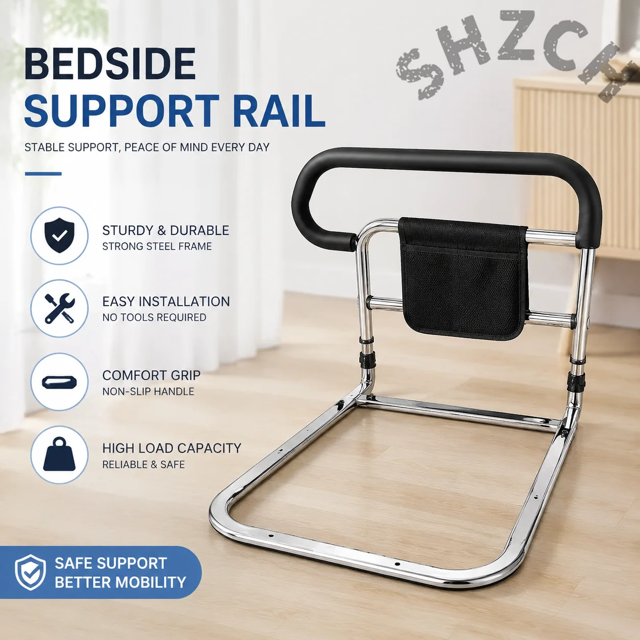 Elderly Bed Assist Rail – Portable Safety Handle with Anti-Slip Lock for Senior Bedside Support