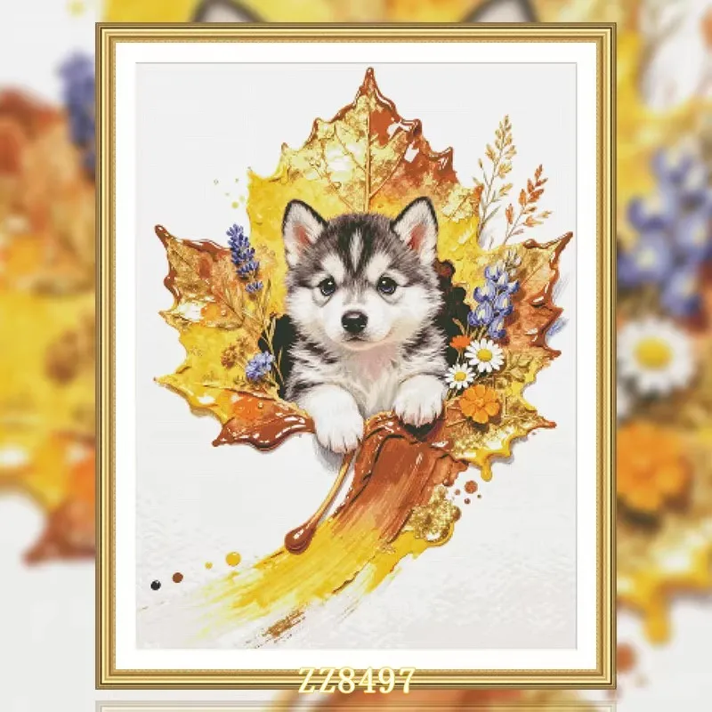 

ZZ8497 Autumn Puppy 14CT 16CT 18CT Stamped Cross Stitch DIY Set Pattern Kit Needlework Embroidery 105 Colors