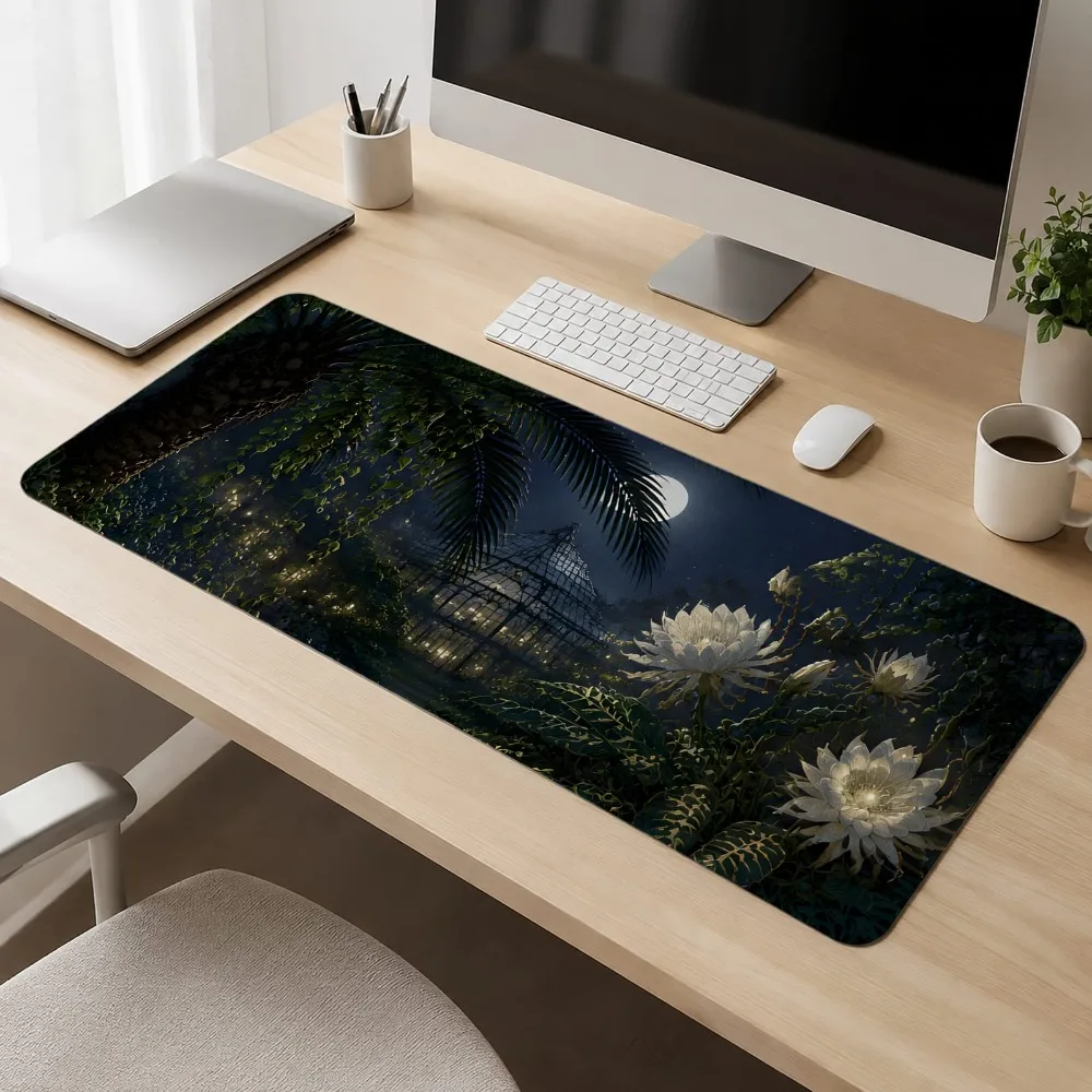 Moonlit tropical white flower pattern, suitable for computer desks, study desks,gaming equipment accessories alfombrillas gaming