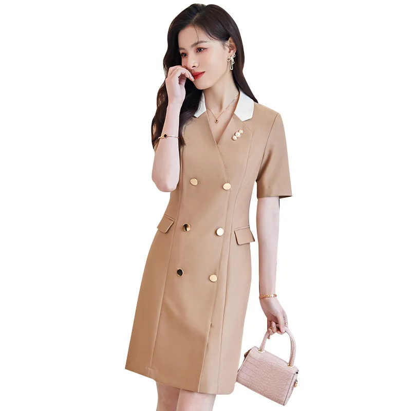 Elegant Apricot Slim Hips Dresses Office Ladies Fashion Summer Short Sleeve Dress for Women Business Work Wear OL Styles