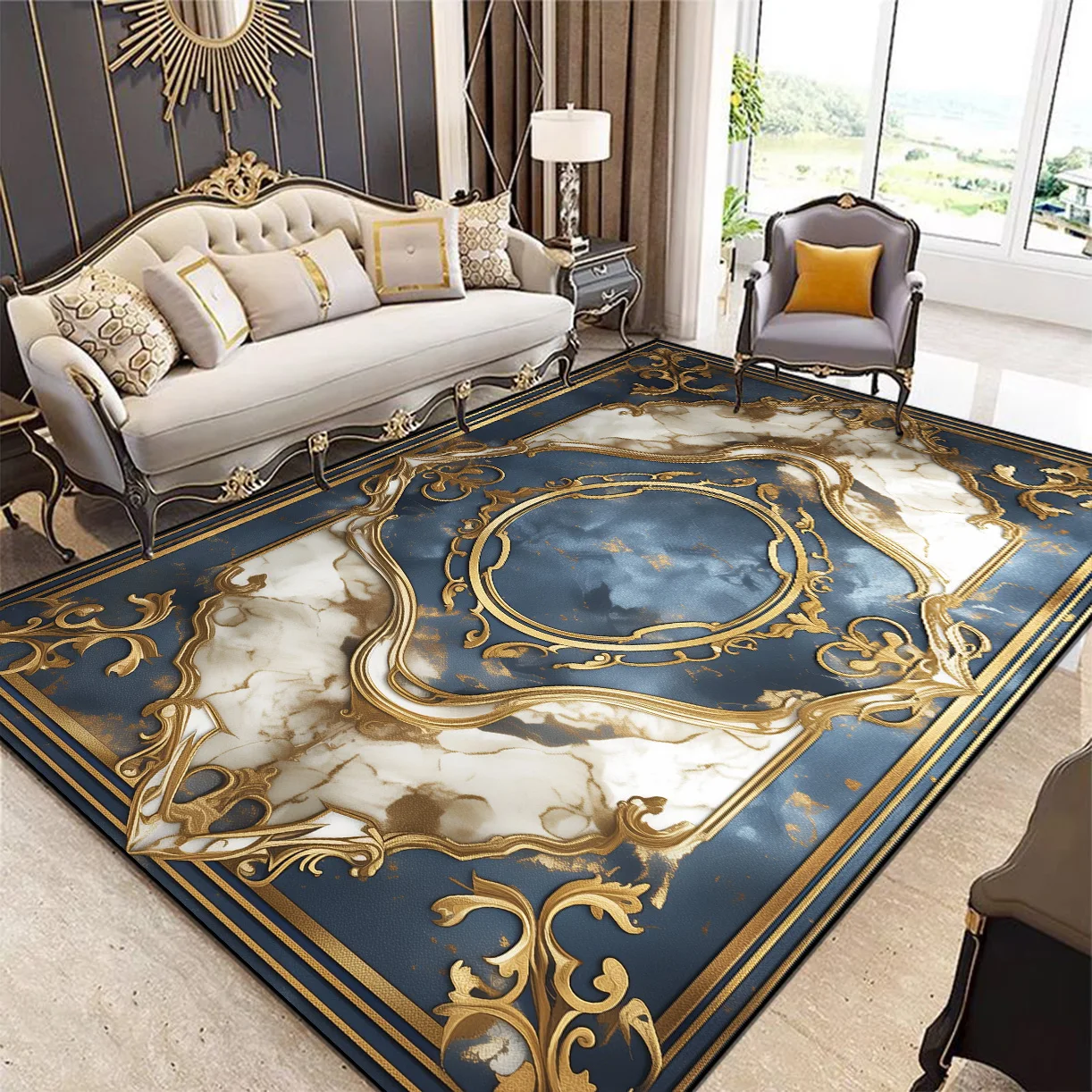 Luxury European Decorative Rug for Living Room Blue Inlaid with Gold Big Size Parlor Carpet Non-slip Washable Bedroom Decor Mat