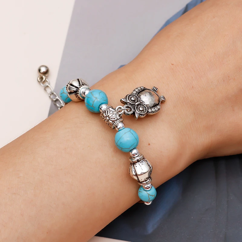 

Aihua Classical Vintage Owl Turquoises Bracelet & Bangles for Women Men Fashion Jewelry Tibetan Silver Charm Friendship Bracelet