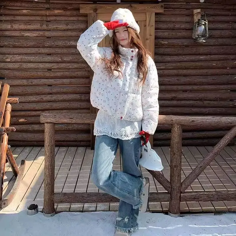Sweet Wind Japanese Cotton-padded Jacket 2025 Winter Thick Bow Printed Cotton-padded Jacket Short College Wind Coat