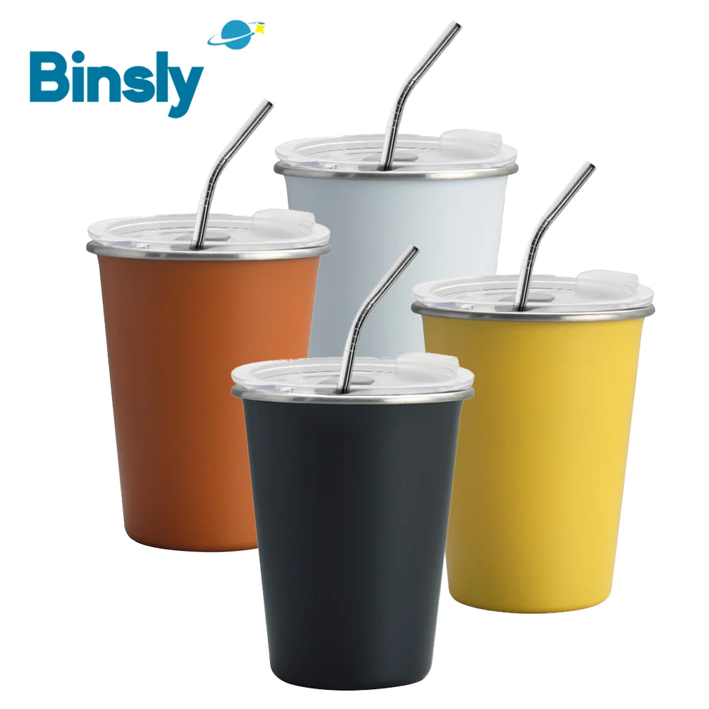 

350ml Camping Cups 4PCS Set Portable Stainless Steel Drinking Cup with Lid and Straw Fashion Tumbler for Coffee Juice Tea