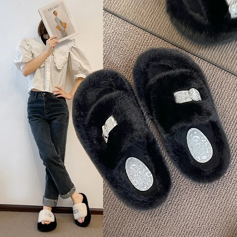 Thick Fluffy Fur Slippers 2024 New Women Winter House Warm Furry Slippers Women Flip Flops Home Slides Flat Indoor Floor Shoes