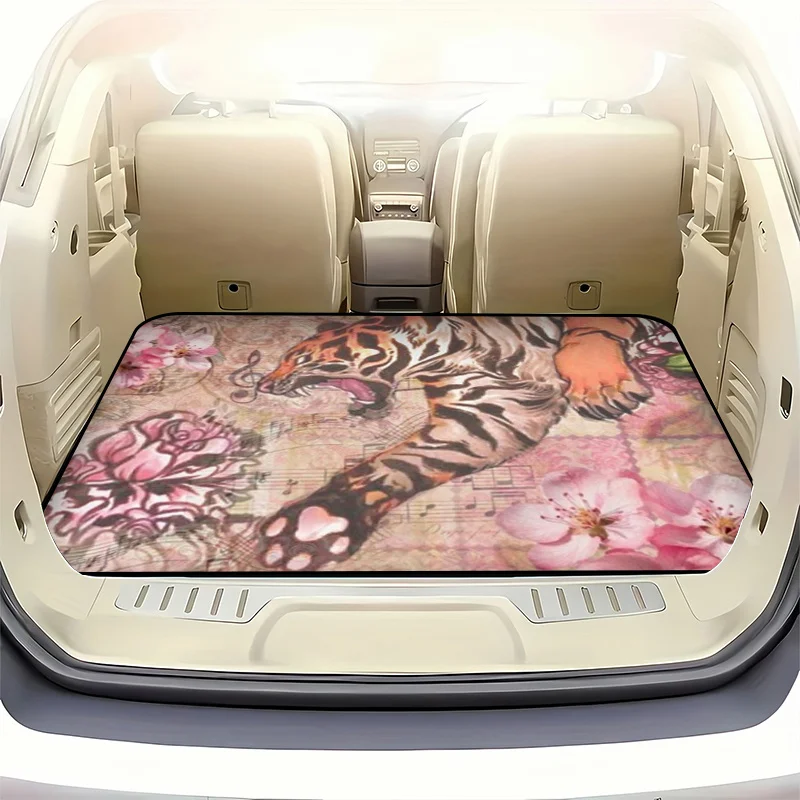 1pc Stylish Car Trunk Mat WithFierce Tiger In Dynamic Attack Pose With Vintage Pastel Collage Background Of Cherry Blossoms, Flo