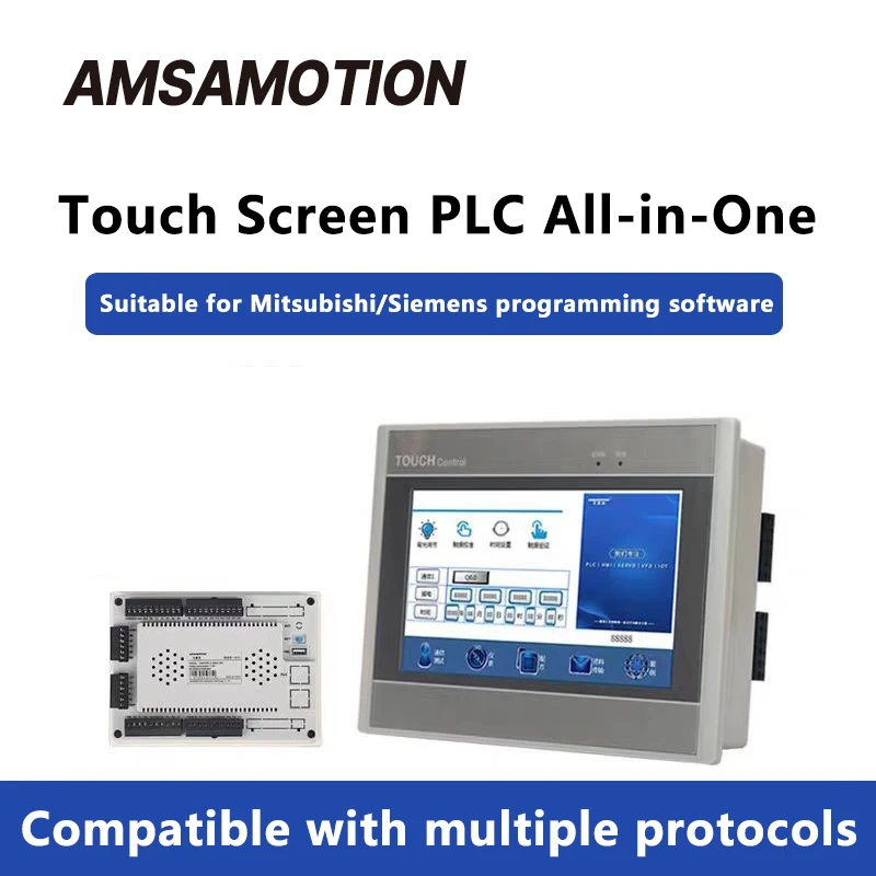 

AMSAMOTION 7-дюймовый HMI PLC «Всё в одном» 16DI 16DO 5AI 2AO RS485, совместимый с Mitsubishi Siemens Smart200