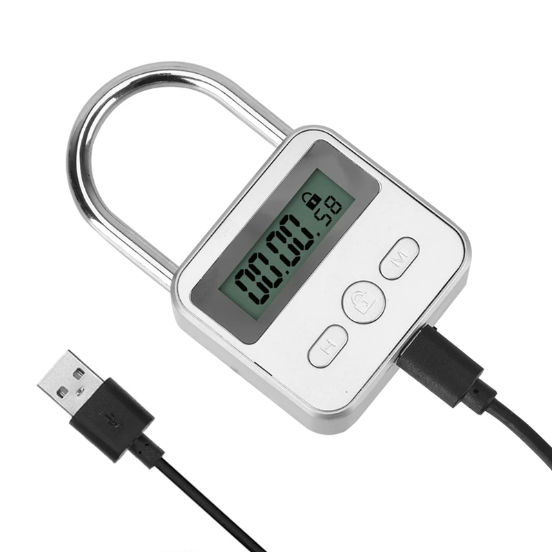 LCD Display Electronic Timer Switch USB Rechargeable Timer Padlock Travel Electronic Timer-Silver