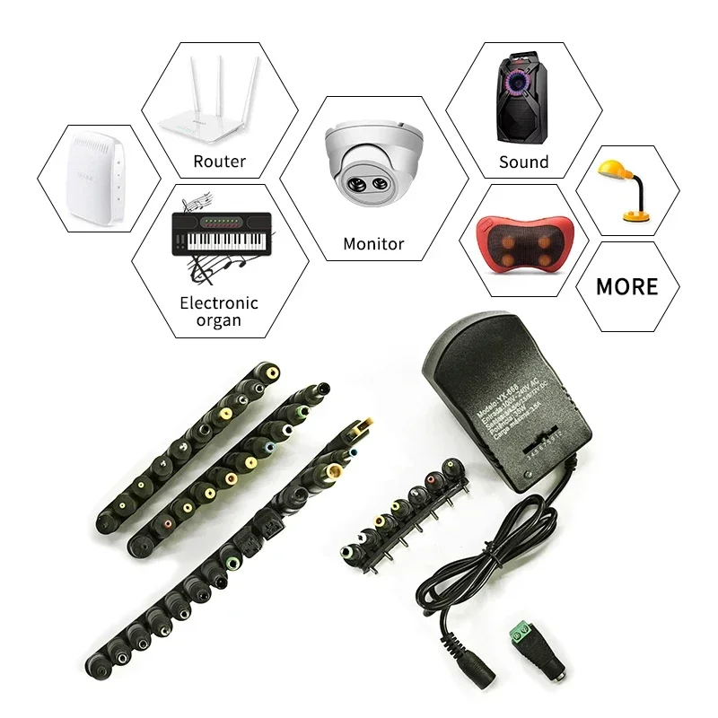 

Display Screen Adjustable Power Adapter 220v To 12v Power Supply with 7 PCS 34PCS DC Female Connector Plug