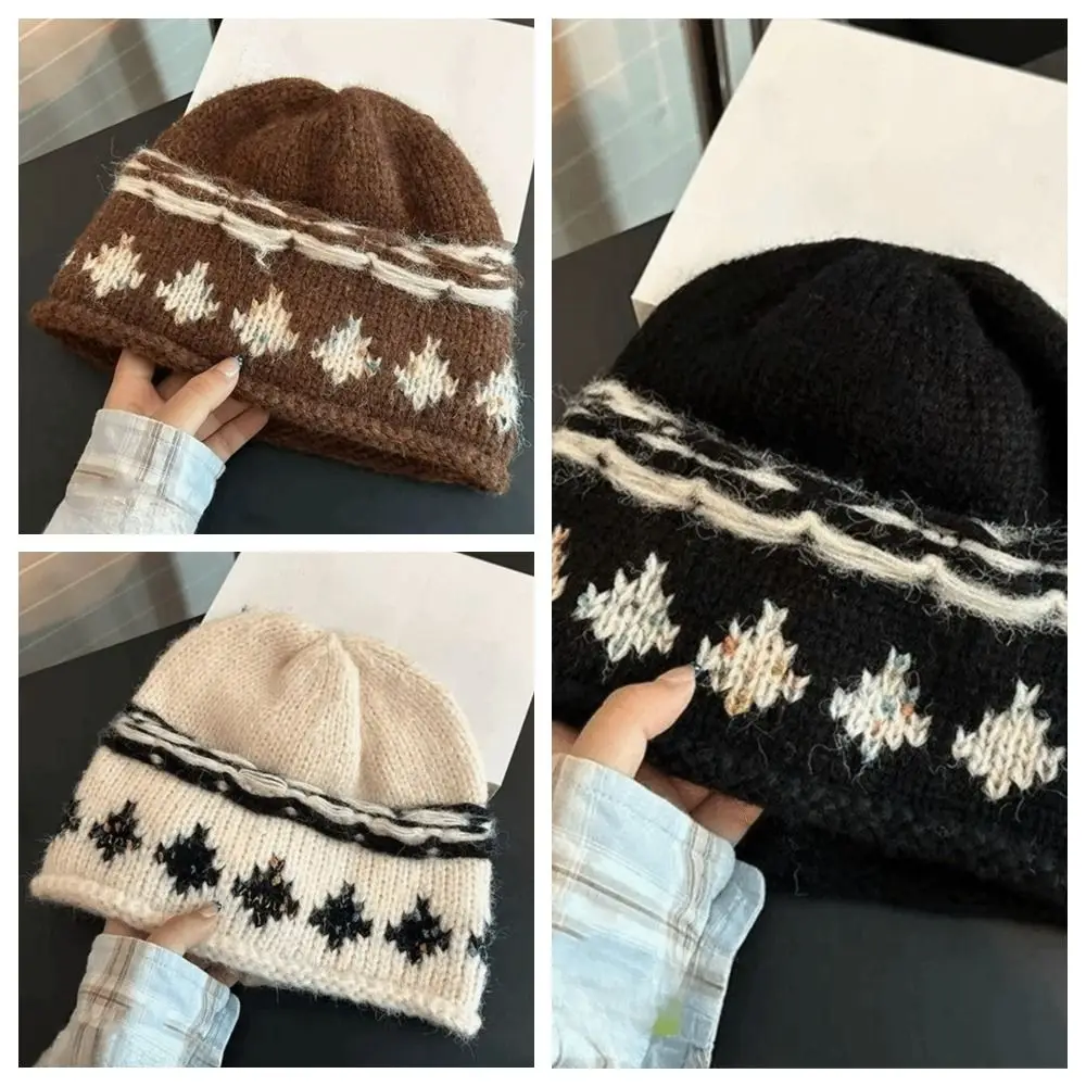 Modna czapka beanie z żakardowym wzorem w stylu retro, ciepła czapka dziergana, koreańska czapka w stylu Fair Isle, zimowa czapka na zimno, jesień