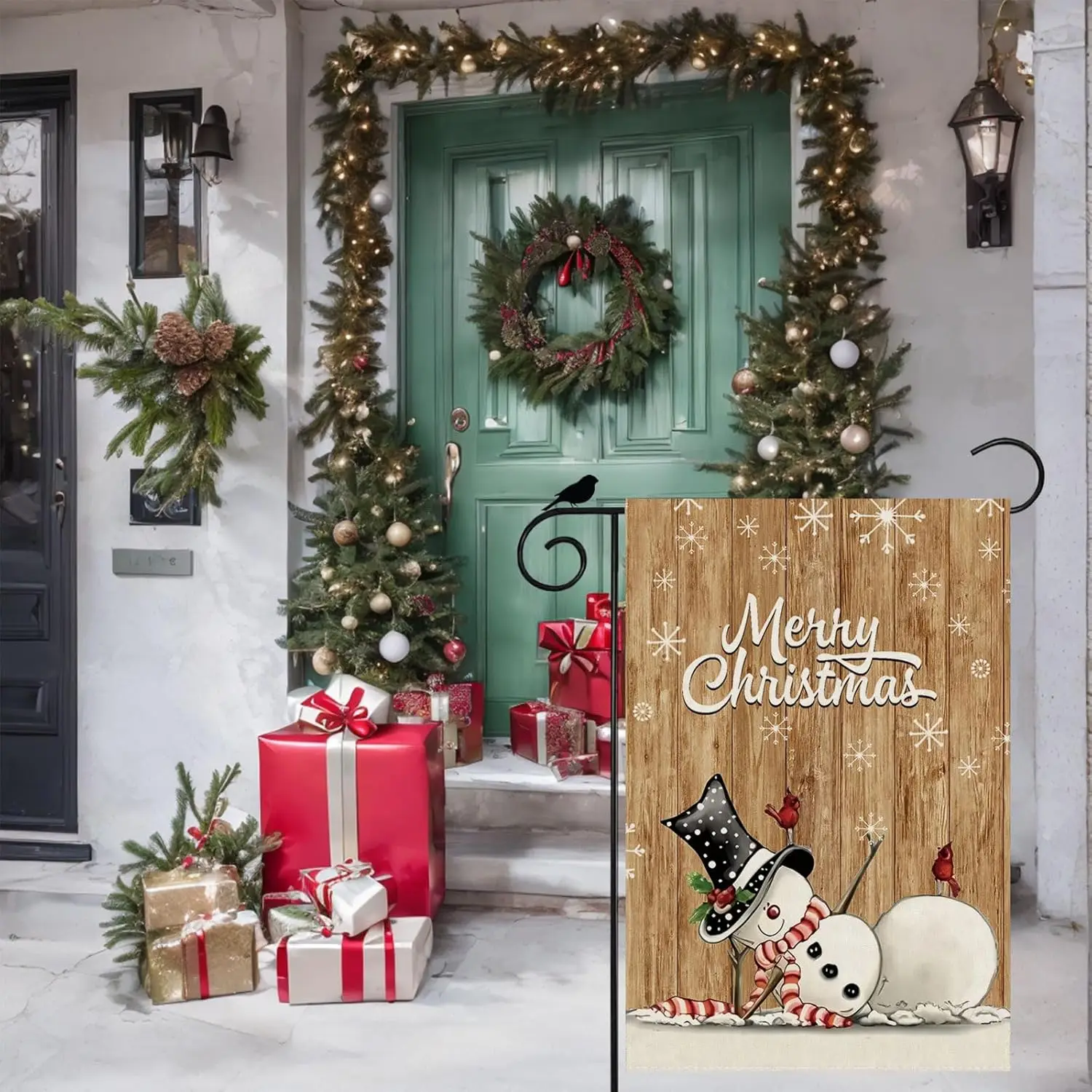 Merry Christmas Wood Grain Cardinalis Snowman Winter Xmas Garden Flag Yard Flag 12x18 Inch Double Sided Small Mini Yard Outdoor