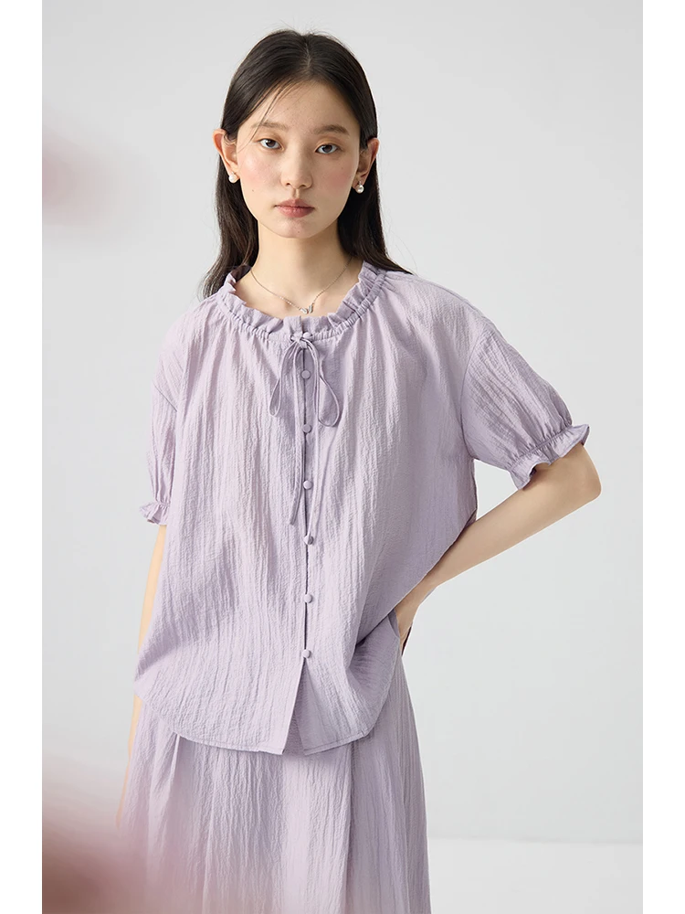 ZIQIAO Women Summer Thin Blouse Light Purple Loose Single Breasted Short Sleeve Shirt Round Neck Female Tops 24ZQ92396